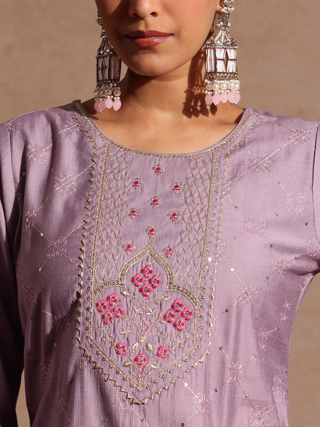 Janasya Women's Lavender Silk Blend Embellished Straight Kurta Set