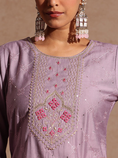 Janasya Women's Lavender Silk Blend Embellished Straight Kurta Set