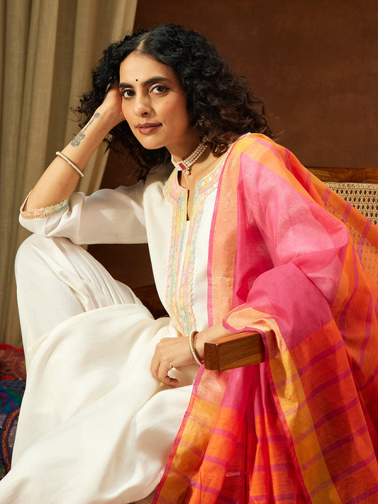 Janasya Women's Off White Silk Blend Embellished Straight Kurta Set