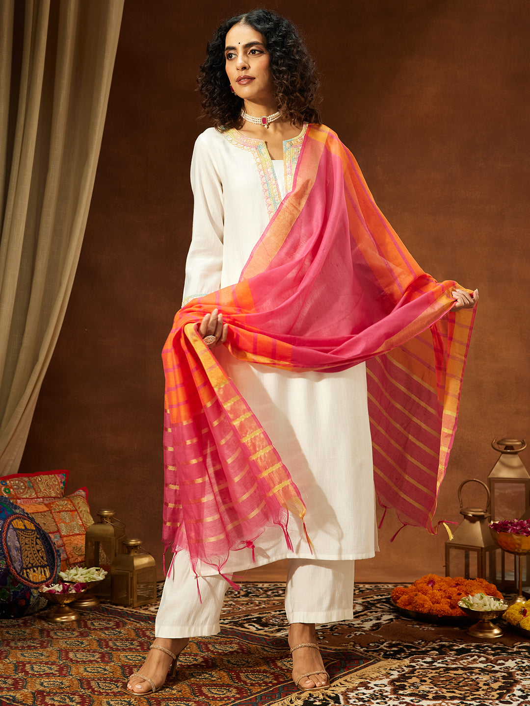 Janasya Women's Off White Silk Blend Embellished Straight Kurta Set