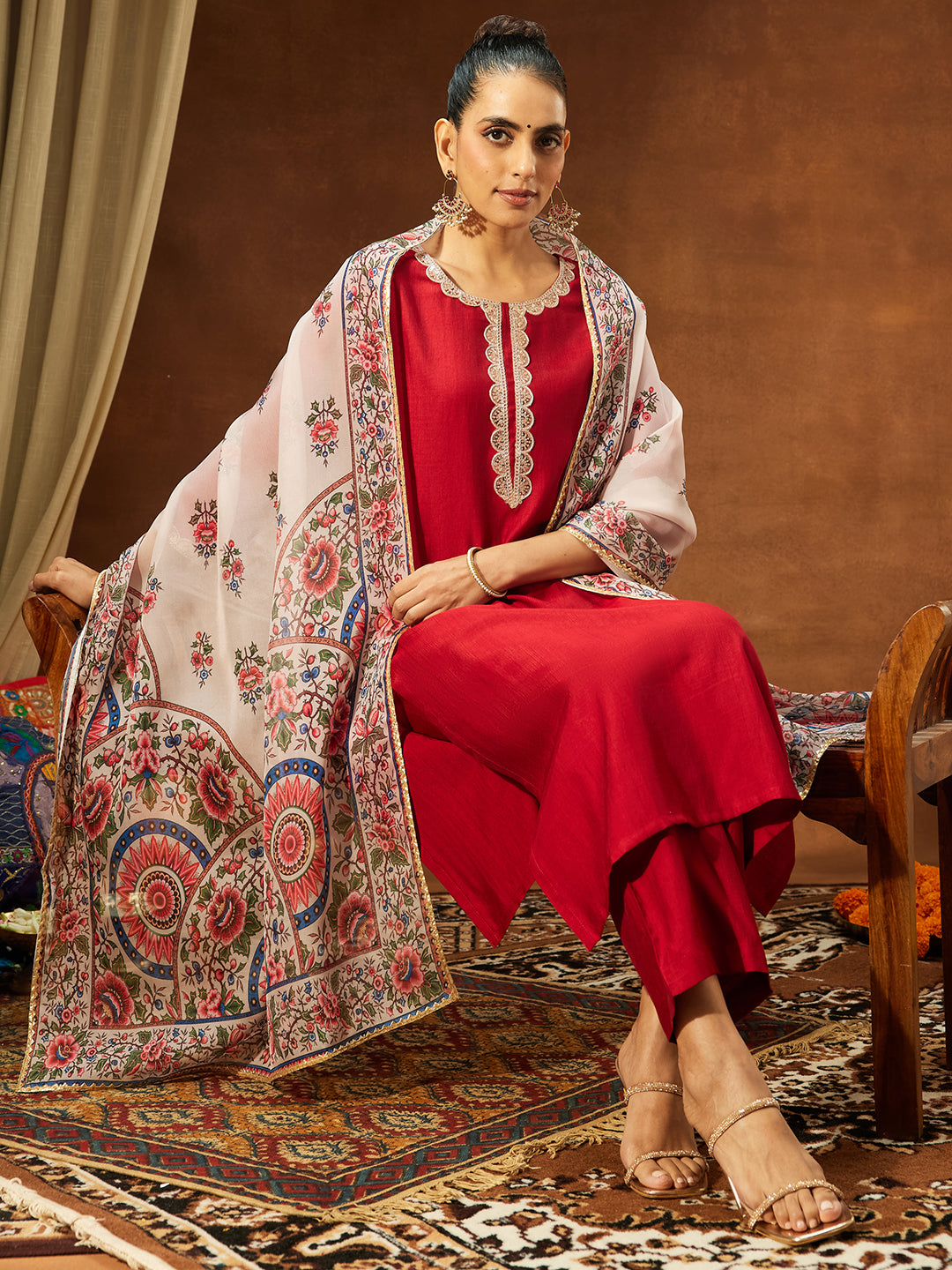 Janasya Women's Maroon Silk Blend Embellished Straight Kurta Set With Printed Dupatta Set