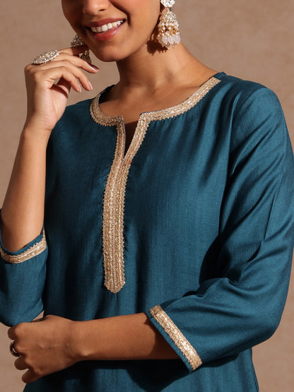 Janasya Women's Teal Blue Silk Blend Yoke Design Straight Kurta Set With Printed Jacquard Dupatta