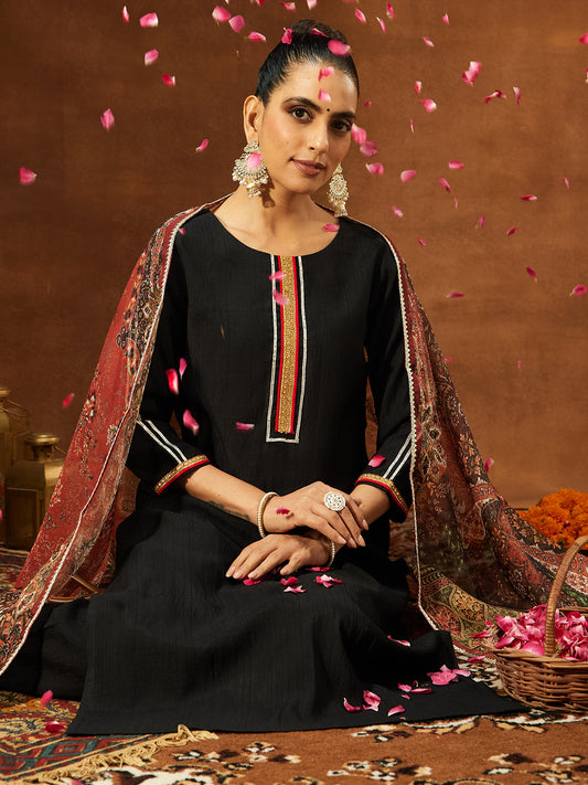 Janasya Women's Black Silk Blend Embellished Straight Kurta Set