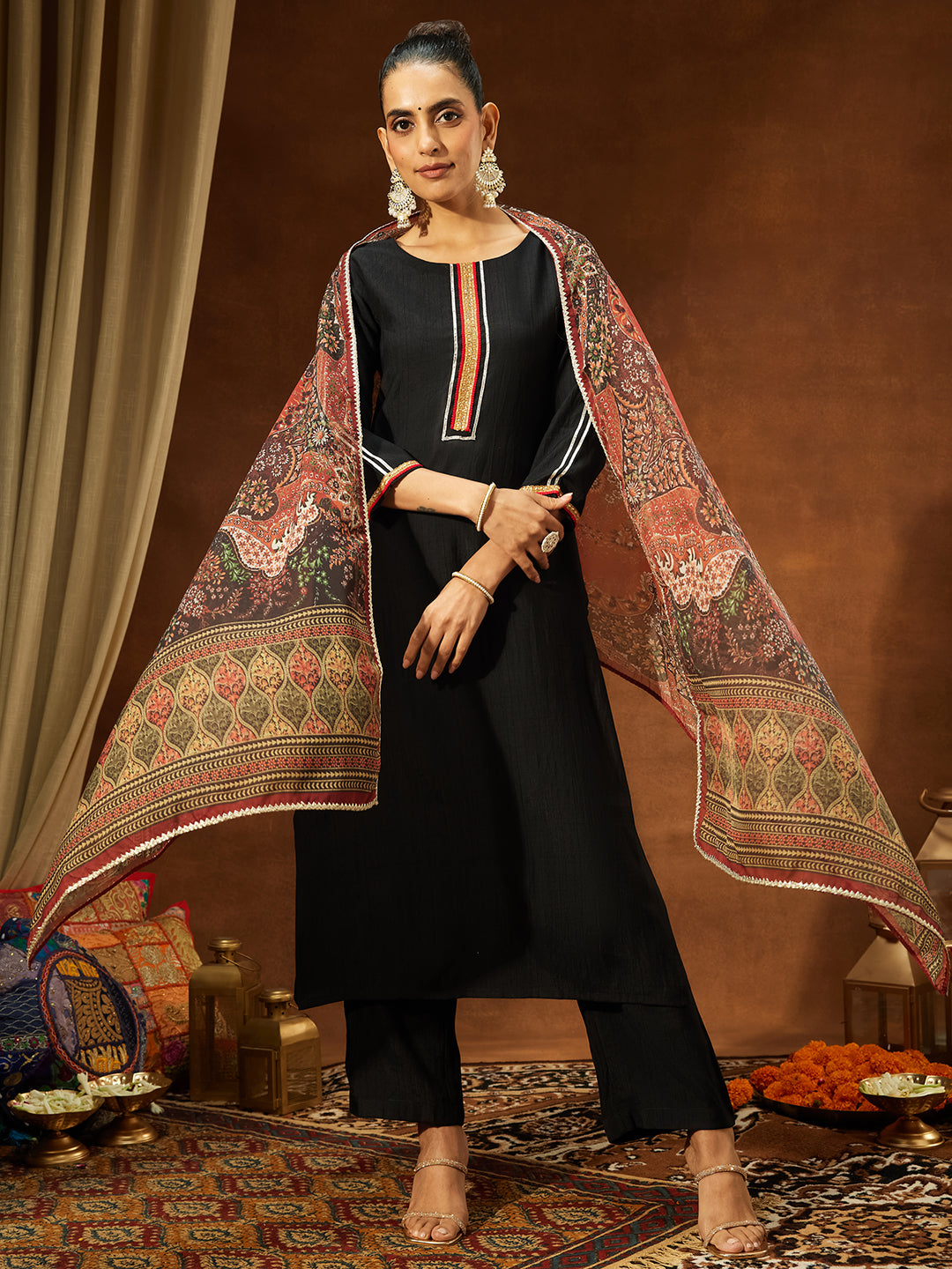 Janasya Women's Black Silk Blend Embellished Straight Kurta Set
