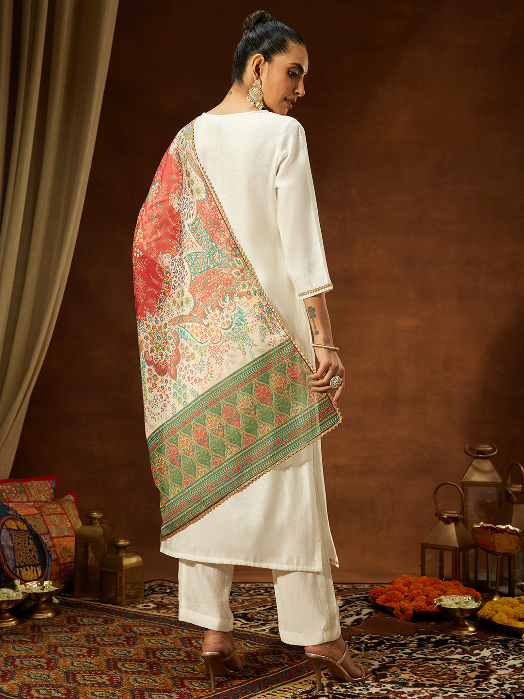 Janasya Women's Off White Silk Blend Embellished Straight Kurta Set