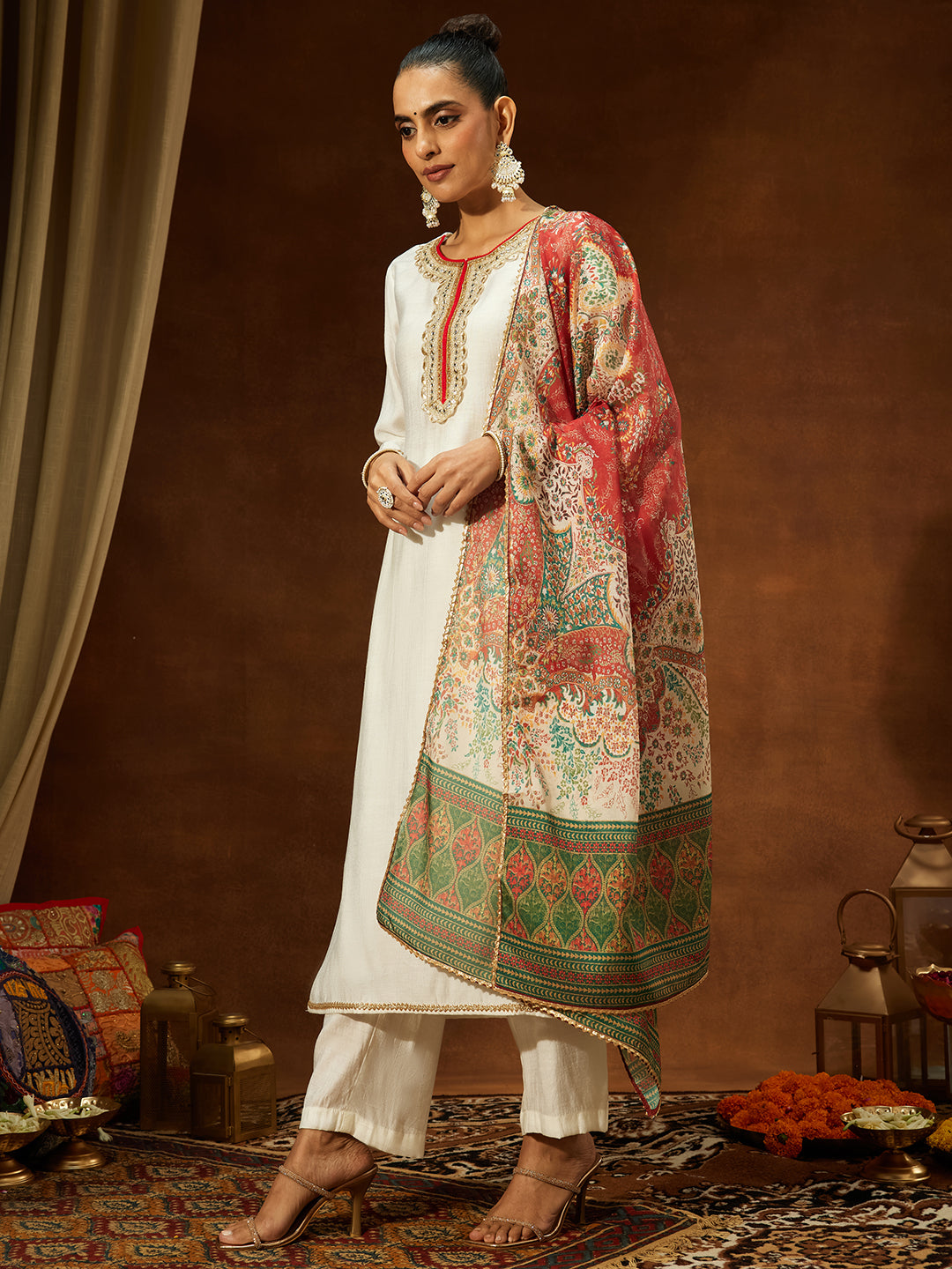 Janasya Women's Off White Silk Blend Embellished Straight Kurta Set
