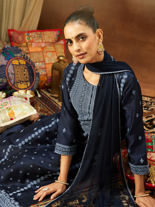 Janasya Women's Navy Blue Silk Blend Ethnic Printed Straight Kurta Set