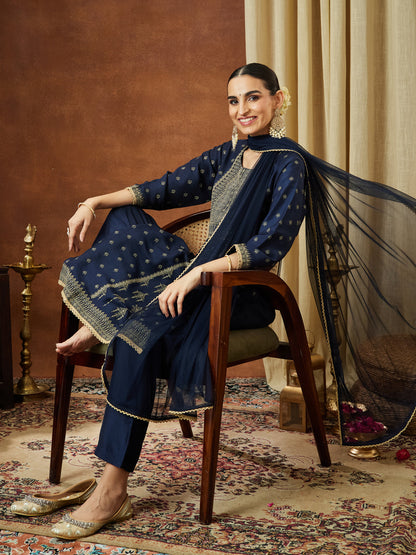 Janasya Women's Navy Blue Silk Blend Ethnic Printed Straight Kurta Set