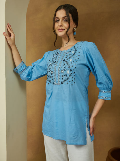 Janasya Women's Sky Blue Pure Cotton Embroidered Straight Tunic