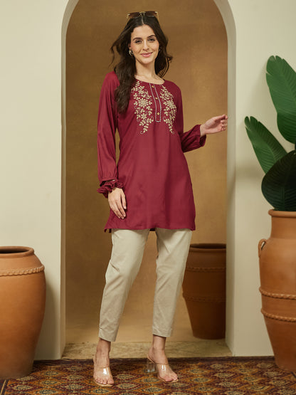 Janasya Women's Maroon Rayon Embroidered Straight Short Kurti