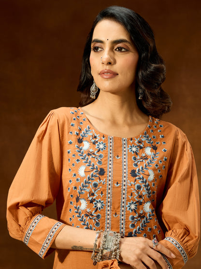 Janasya Women's Brown Pure Cotton Embroidered Straight Short Kurti