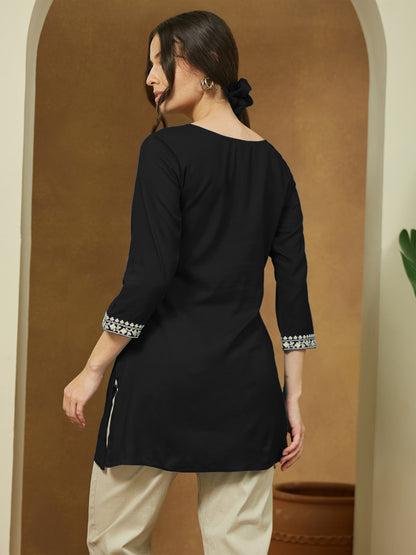 Janasya Women's Black Rayon Embroidered Straight Short Kurti