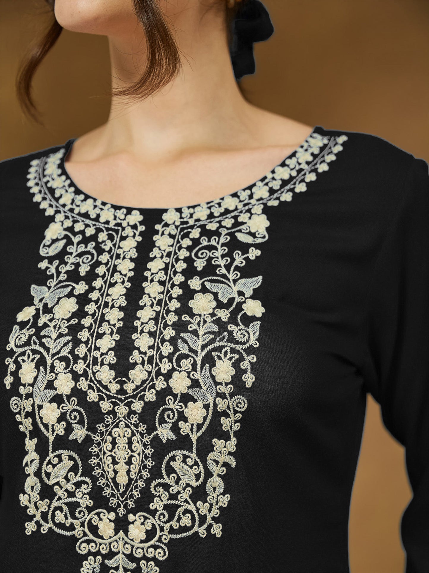 Janasya Women's Black Rayon Embroidered Straight Short Kurti