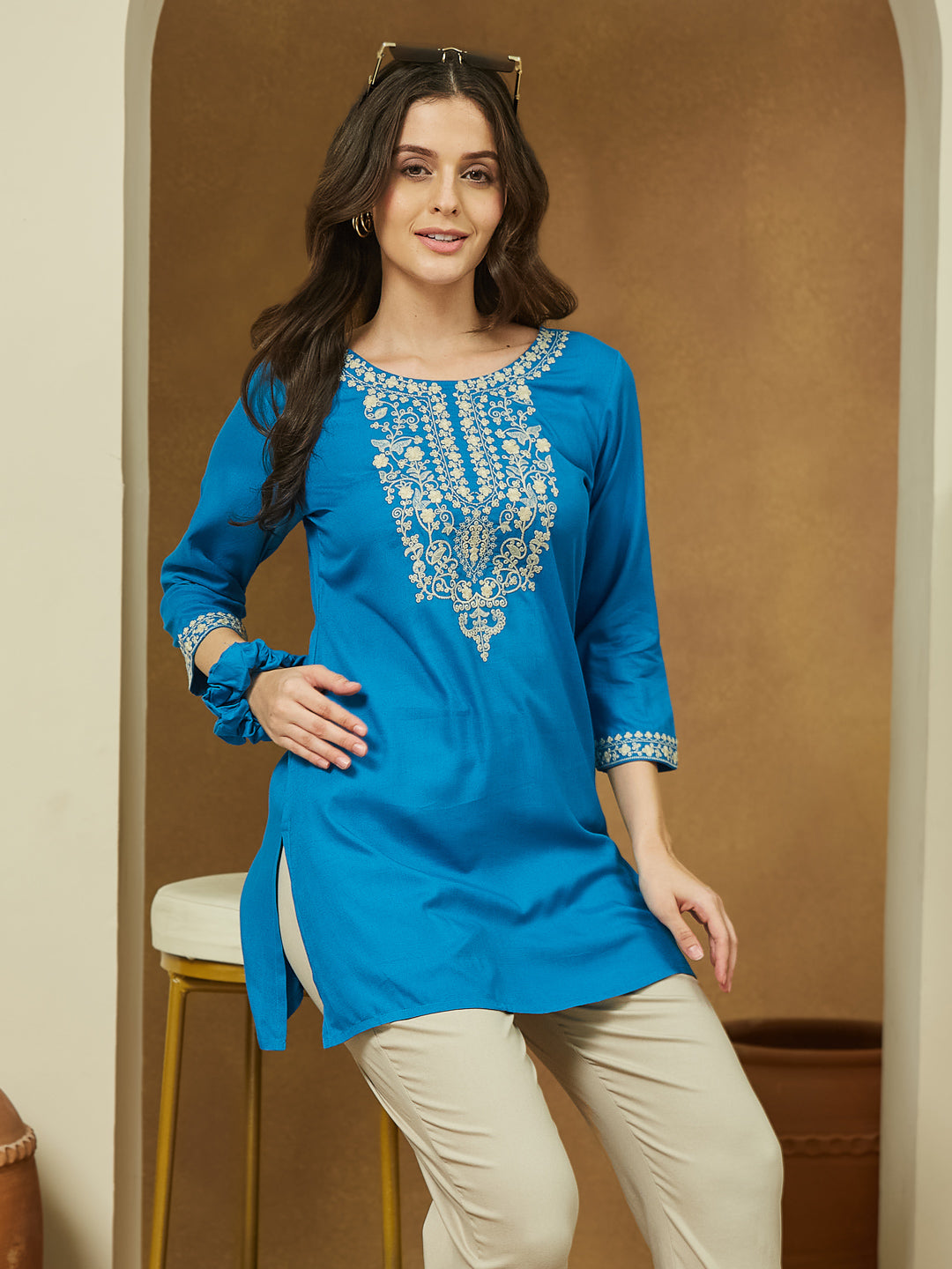 Janasya Women's Blue Rayon Embroidered Straight Short Kurti