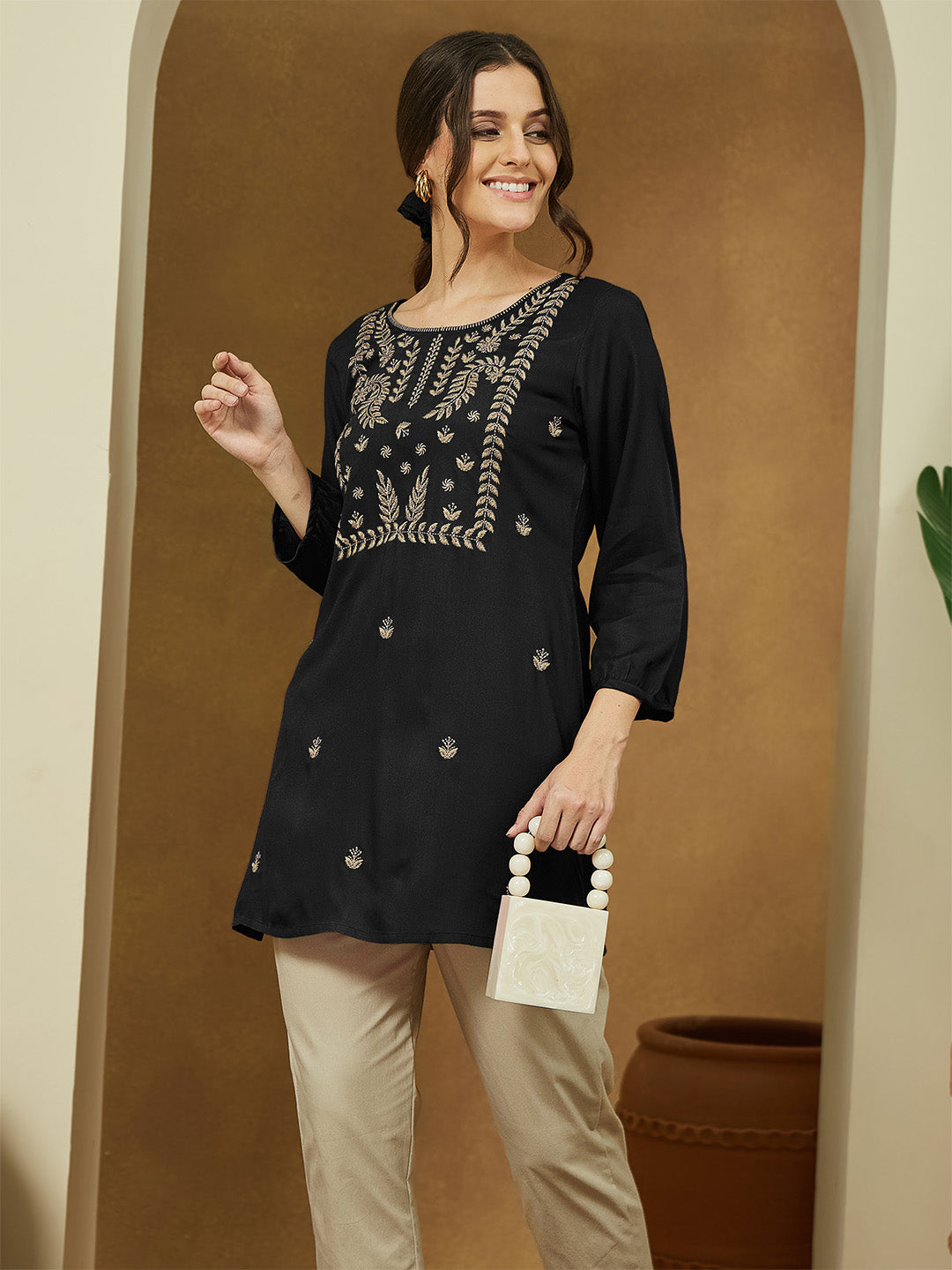 Janasya Women's Black Rayon Embroidered Straight Short Kurti