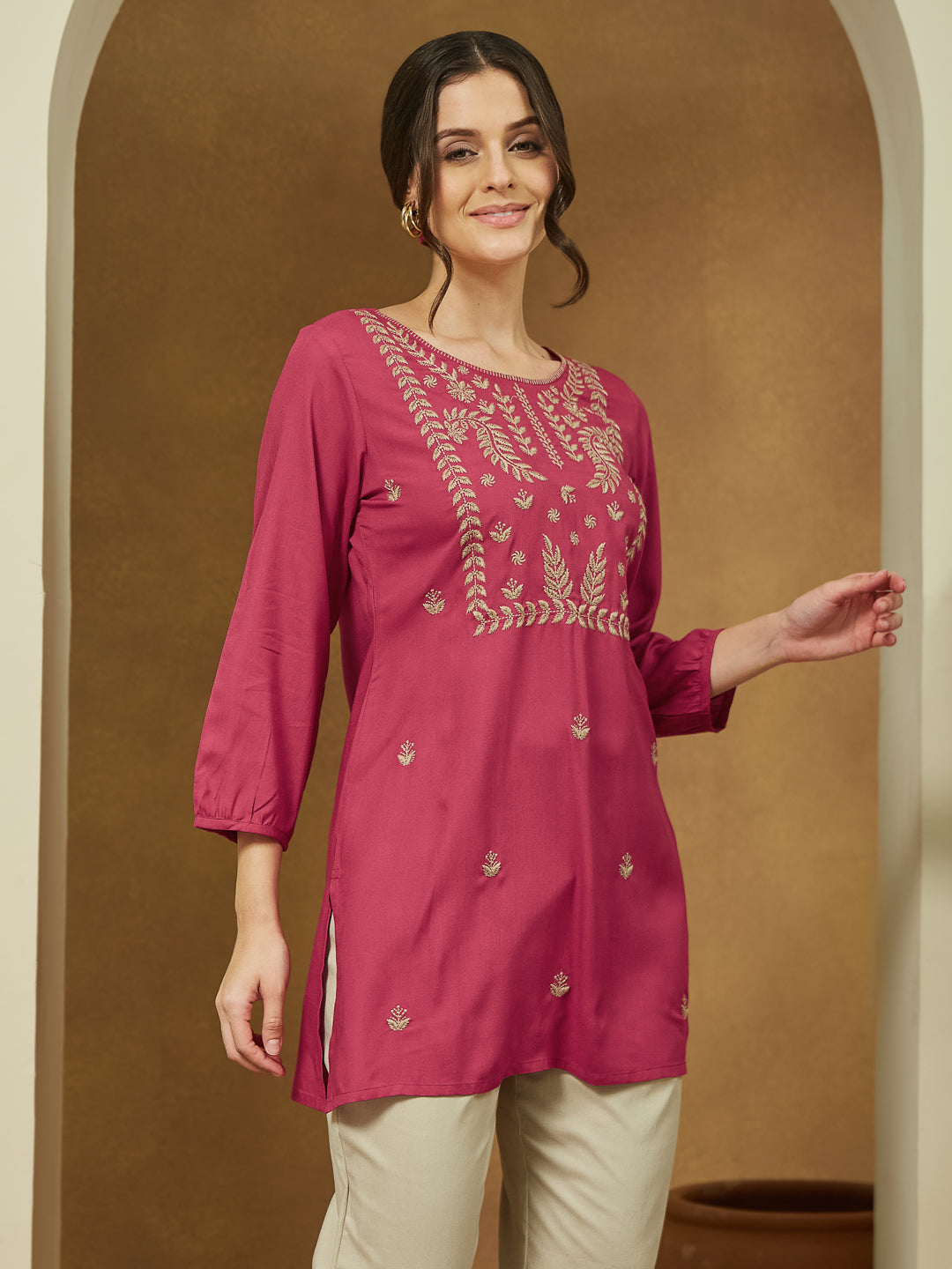 Janasya Women's Magenta Pink Rayon Embroidered Straight Short Kurti