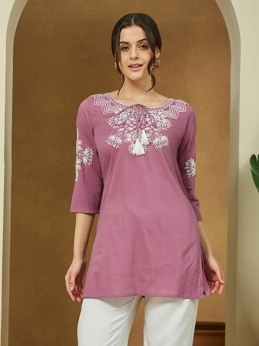 Janasya Women's Purple Pure Cotton Embroidered Straight Tunic