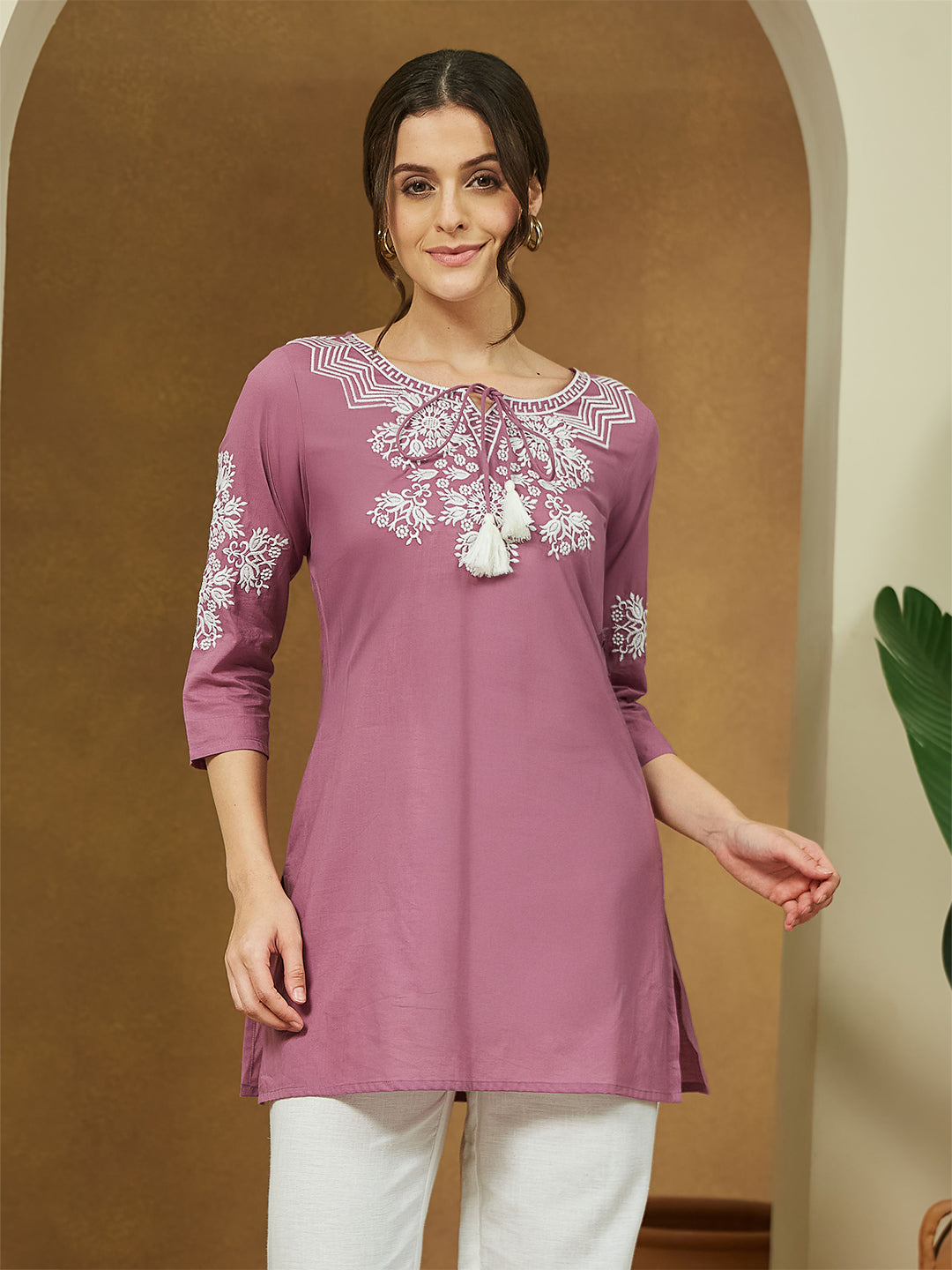 Janasya Women's Purple Pure Cotton Embroidered Straight Tunic