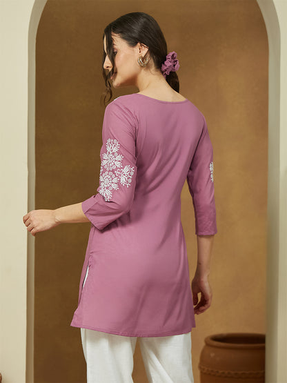 Janasya Women's Purple Pure Cotton Embroidered Straight Tunic