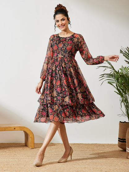 Janasya Women's Black Georgette Floral Printed A-line Dress