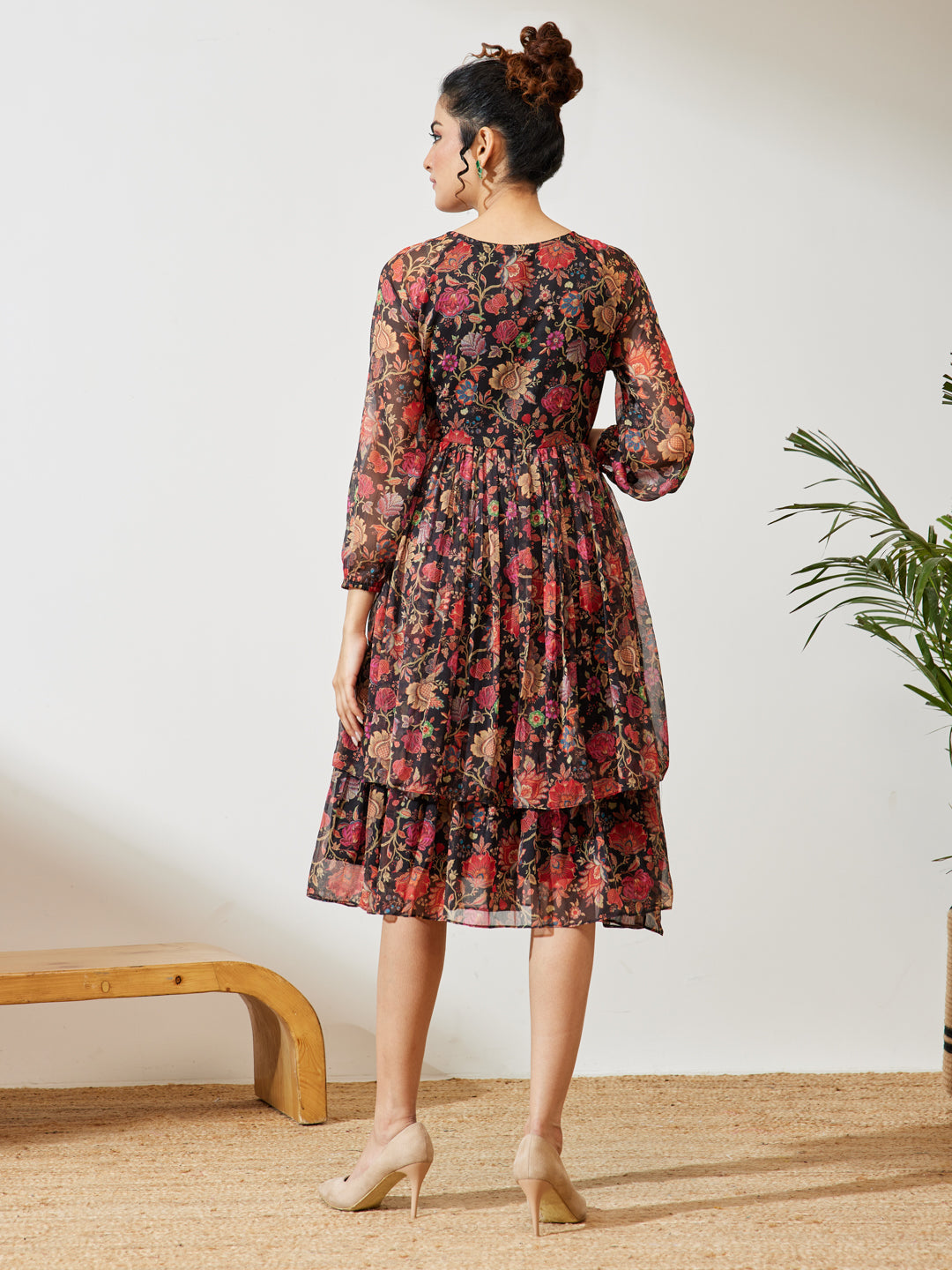 Janasya Women's Black Georgette Floral Printed A-line Dress