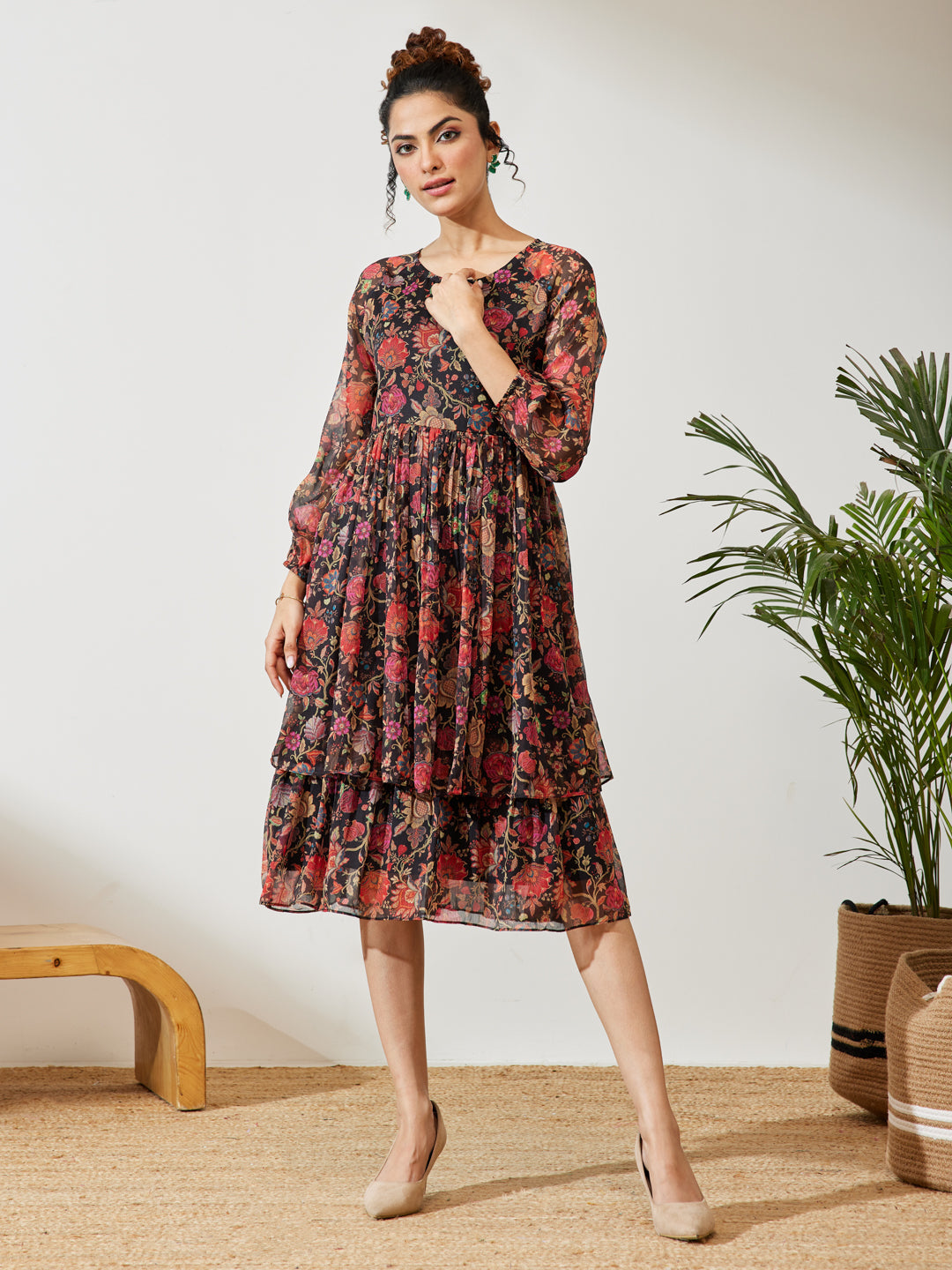 Janasya Women's Black Georgette Floral Printed A-line Dress