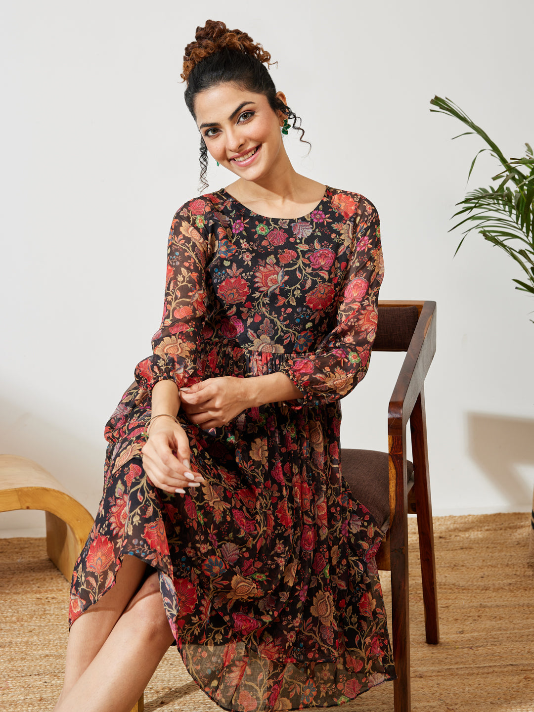 Janasya Women's Black Georgette Floral Printed A-line Dress