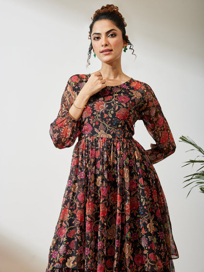 Janasya Women's Black Georgette Floral Printed A-line Dress