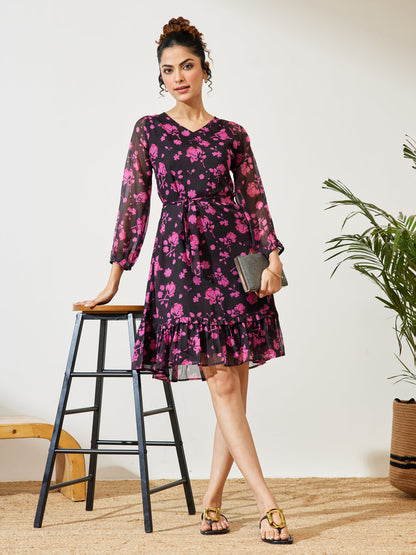 Janasya Women's Black Chiffon Floral Printed A-line Dress