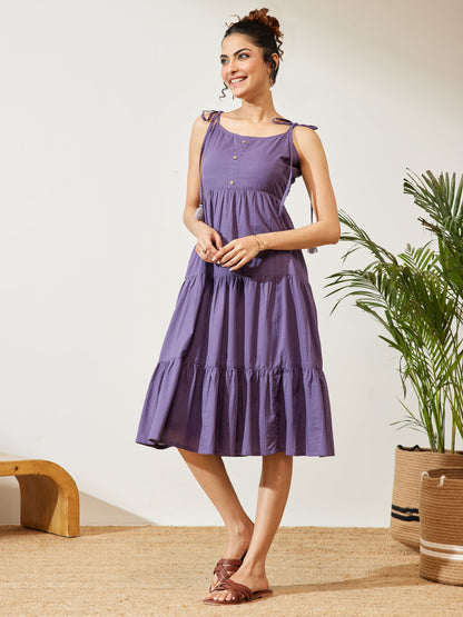 Janasya Women's Lavender Pure Cotton Solid Tiered Dress