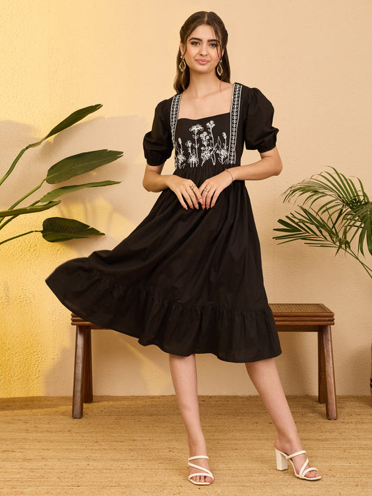 Janasya Women's Black Pure Cotton Floral Embroidered Gathered Dress