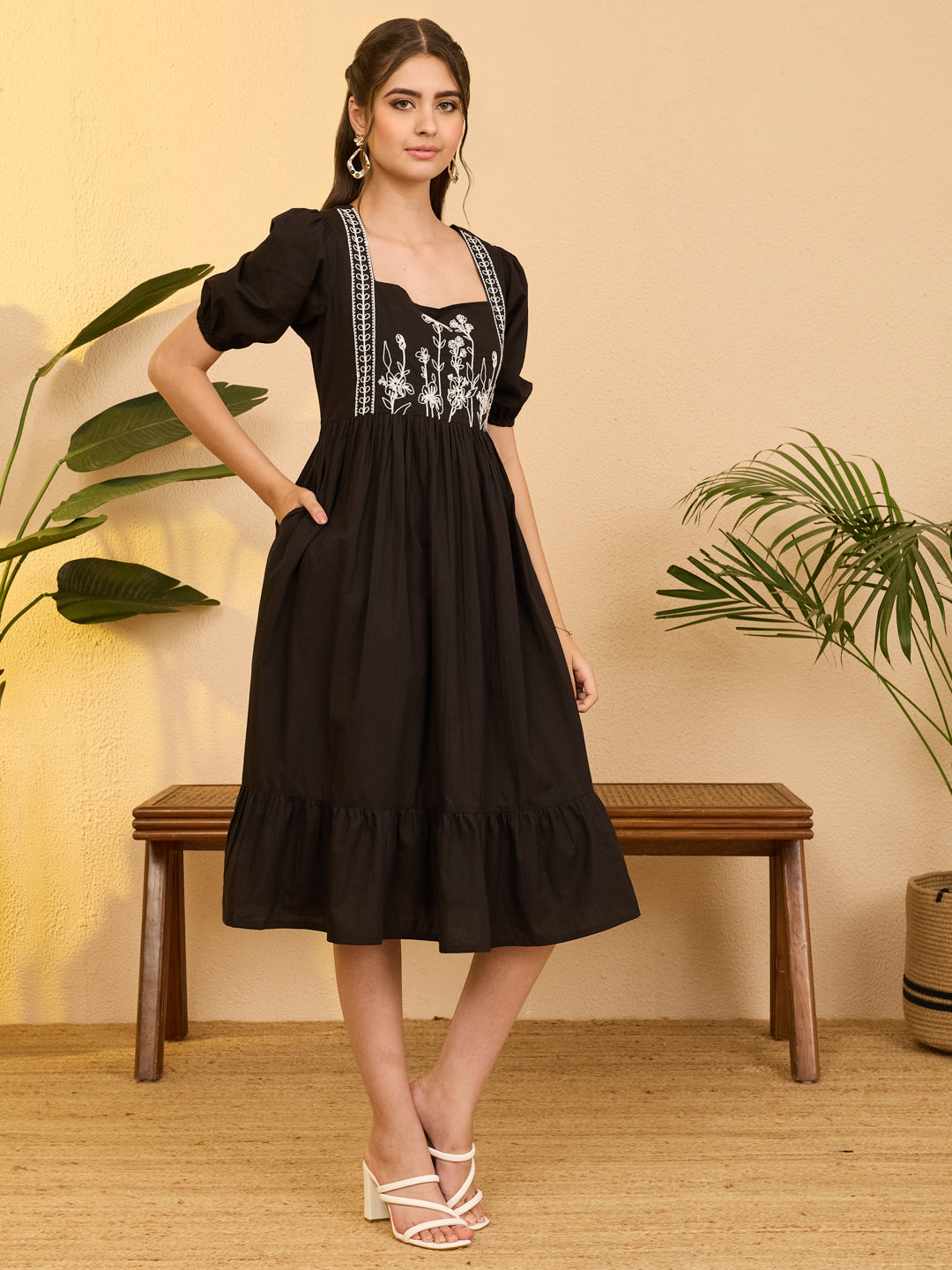 Janasya Women's Black Pure Cotton Floral Embroidered Gathered Dress