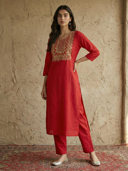 Janasya Women's Red Pure Cotton Yoke Embroidered Straight Kurta With Pant Set