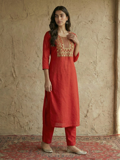 Janasya Women's Red Pure Cotton Yoke Embroidered Straight Kurta With Pant Set