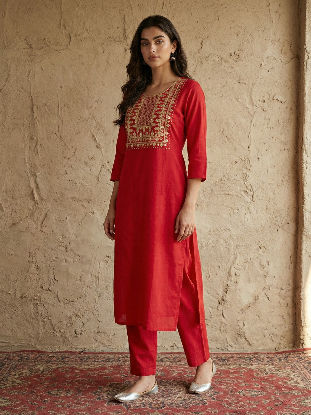 Janasya Women's Red Pure Cotton Yoke Embroidered Straight Kurta With Pant Set