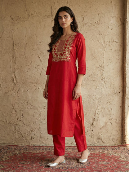 Janasya Women's Red Pure Cotton Yoke Embroidered Straight Kurta With Pant Set