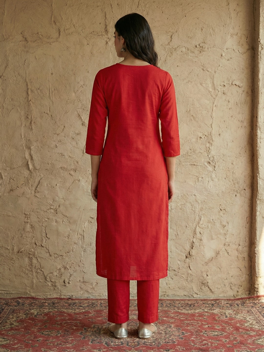 Janasya Women's Red Pure Cotton Yoke Embroidered Straight Kurta With Pant Set