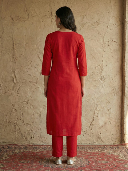 Janasya Women's Red Pure Cotton Yoke Embroidered Straight Kurta With Pant Set