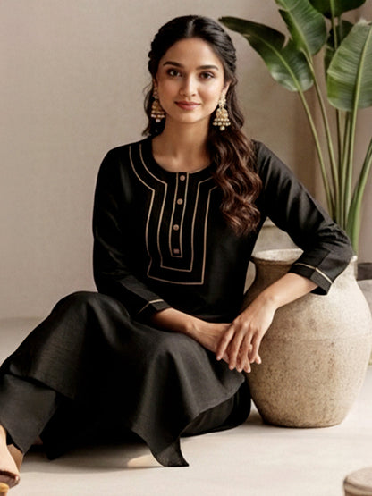Janasya Women's Black Color Crepe Silk Solid Straight Kurta Pant Set
