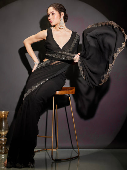 Janasya Women's Black Georgette One-Minute Ready-to-Wear Embellished Saree with Unstitched Blouse