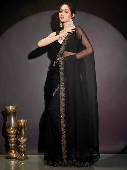 Janasya Women's Black Georgette One-Minute Ready-to-Wear Embellished Saree with Unstitched Blouse