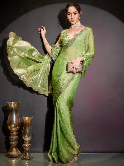Janasya Women's Green & Gold Tissue Silk One-Minute Ready-to-Wear Embellished Saree with Unstitched Blouse