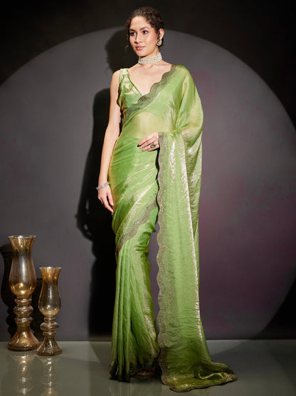 Janasya Women's Green & Gold Tissue Silk One-Minute Ready-to-Wear Embellished Saree with Unstitched Blouse