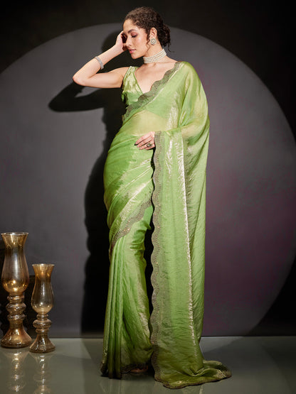 Janasya Women's Green & Gold Tissue Silk One-Minute Ready-to-Wear Embellished Saree with Unstitched Blouse
