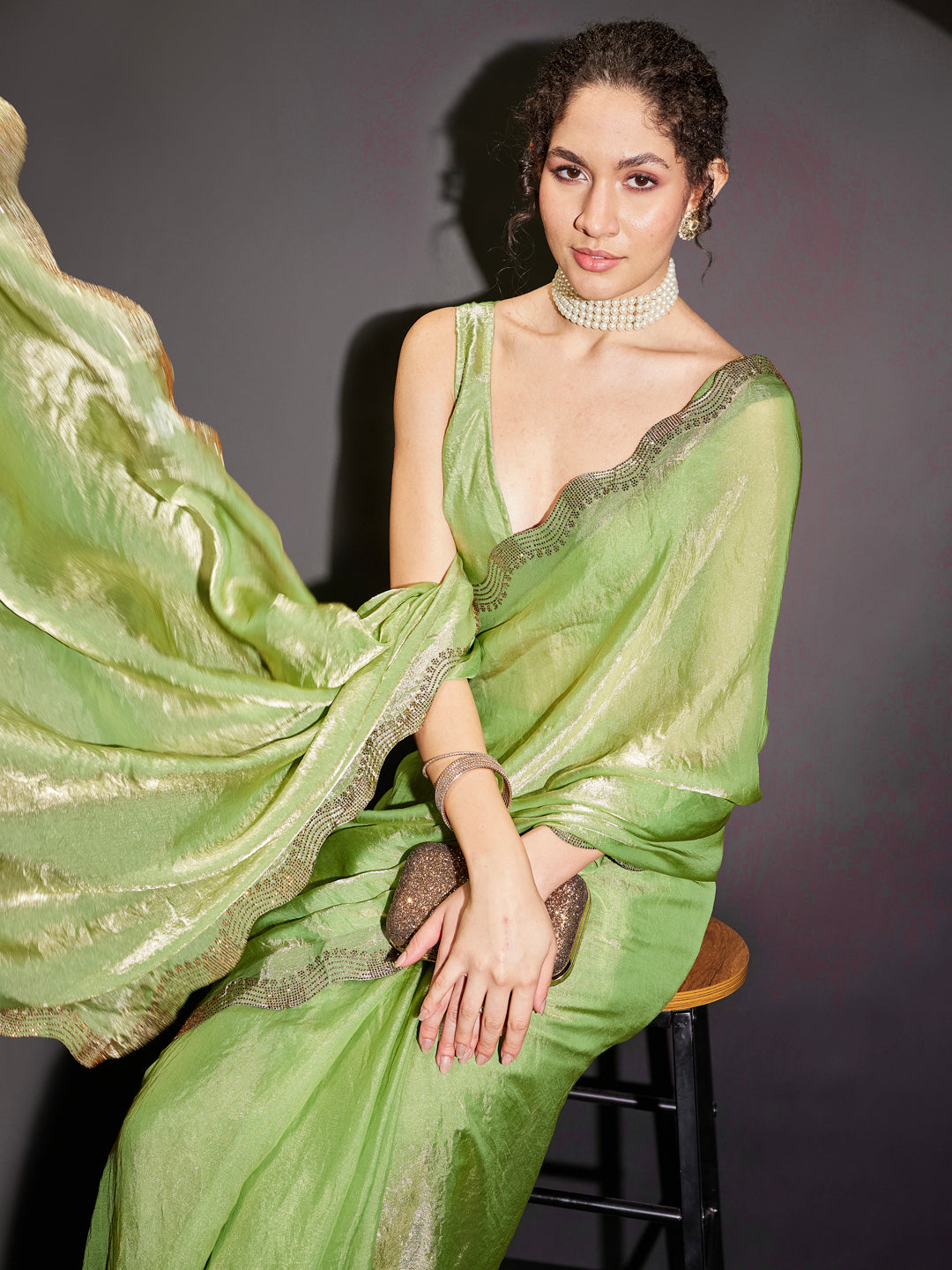 Janasya Women's Green & Gold Tissue Silk One-Minute Ready-to-Wear Embellished Saree with Unstitched Blouse