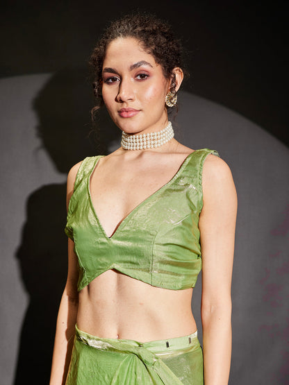 Janasya Women's Green & Gold Tissue Silk One-Minute Ready-to-Wear Embellished Saree with Unstitched Blouse