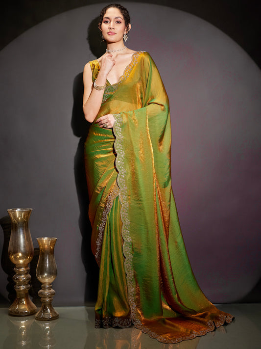 Janasya Women's Green & Gold Tissue Silk One-Minute Ready-to-Wear Embellished Saree with Unstitched Blouse