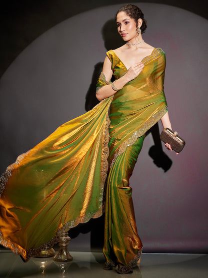 Janasya Women's Green & Gold Tissue Silk One-Minute Ready-to-Wear Embellished Saree with Unstitched Blouse