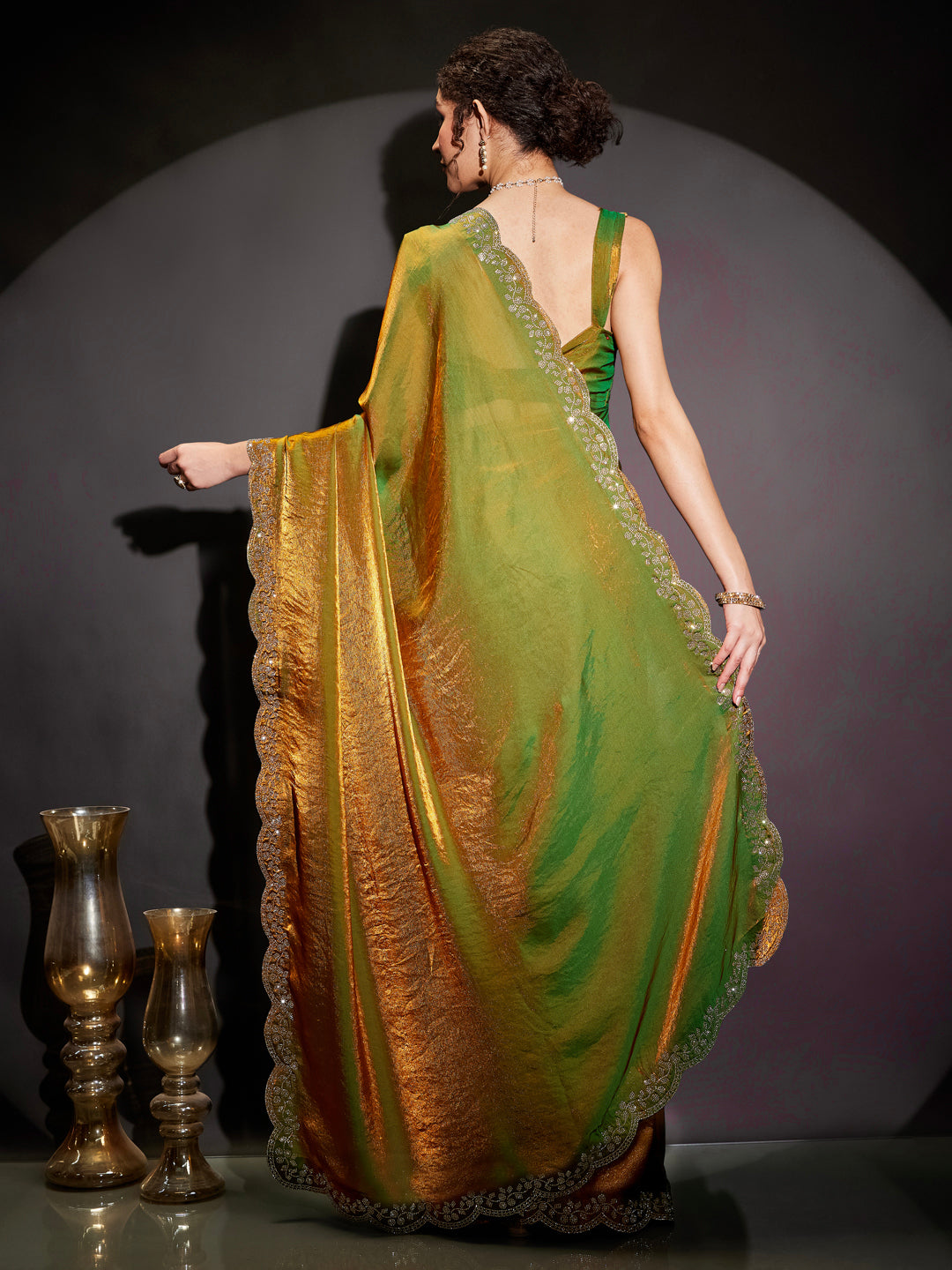 Janasya Women's Green & Gold Tissue Silk One-Minute Ready-to-Wear Embellished Saree with Unstitched Blouse