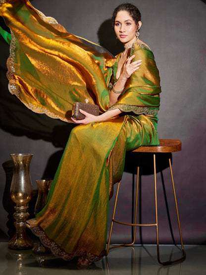 Janasya Women's Green & Gold Tissue Silk One-Minute Ready-to-Wear Embellished Saree with Unstitched Blouse